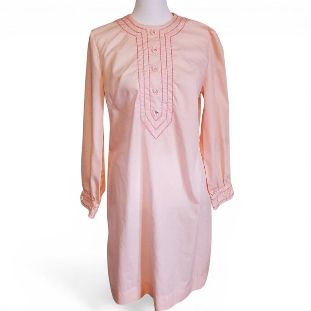 Vintage 60s  Retro Pastel Pink Floral Embroidered Long Sleeve Mini Shift Dress
